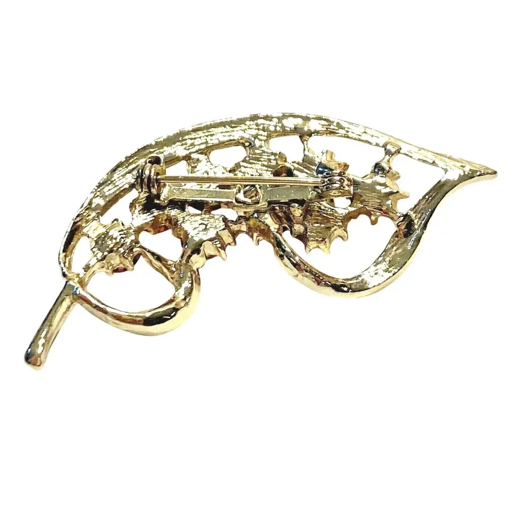 Vintage Mid Century brooch textured gold tone & pink rhinestones organic leaf